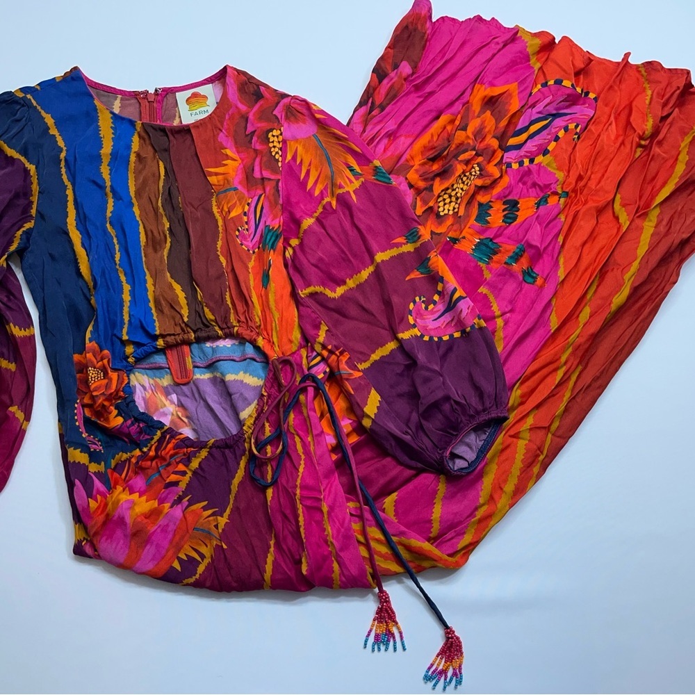 FARM Rio Floral Midi Dress Size XS Long Sleeve Vibrant Red Orange Blue Viscose - Picture 2 of 16